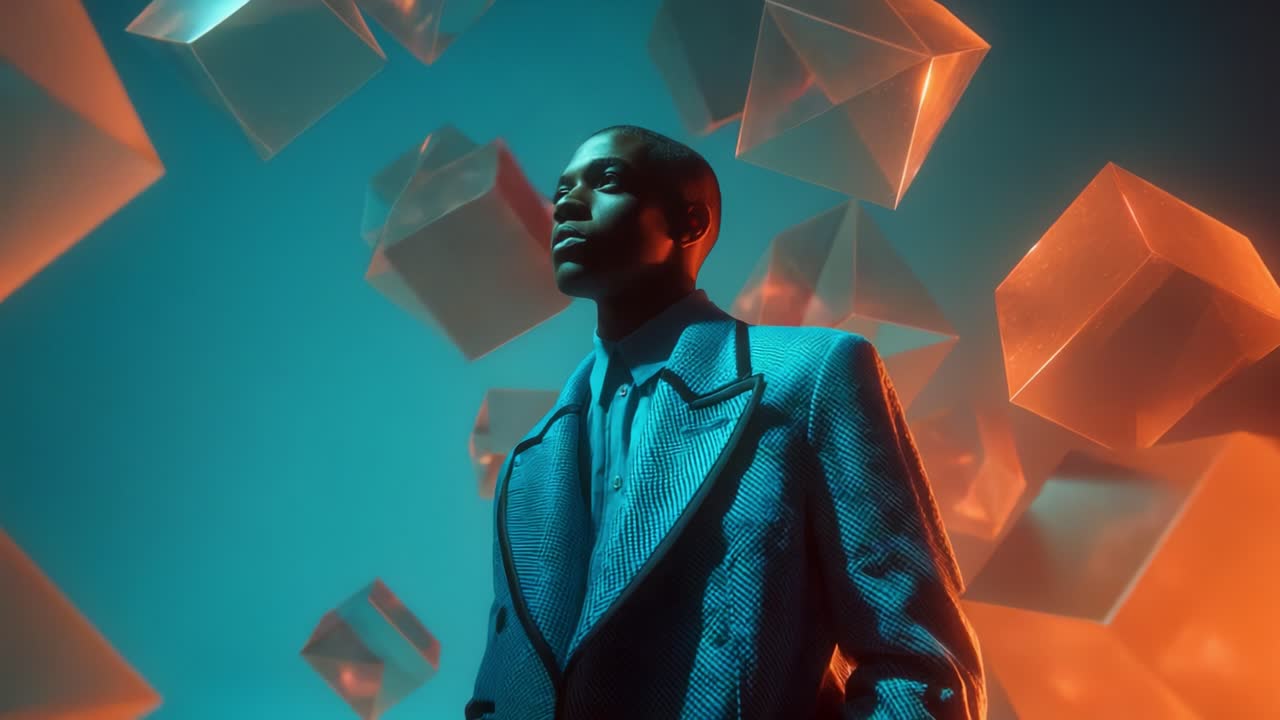 A Striking Portrait of a Stylish Individual Surrounded by Floating Iridescent Geometric Shapes in a Dreamlike Setting, Showcasing a Fusion of Modern Fashion and Artistic Elements in a Captivating Visual Experience