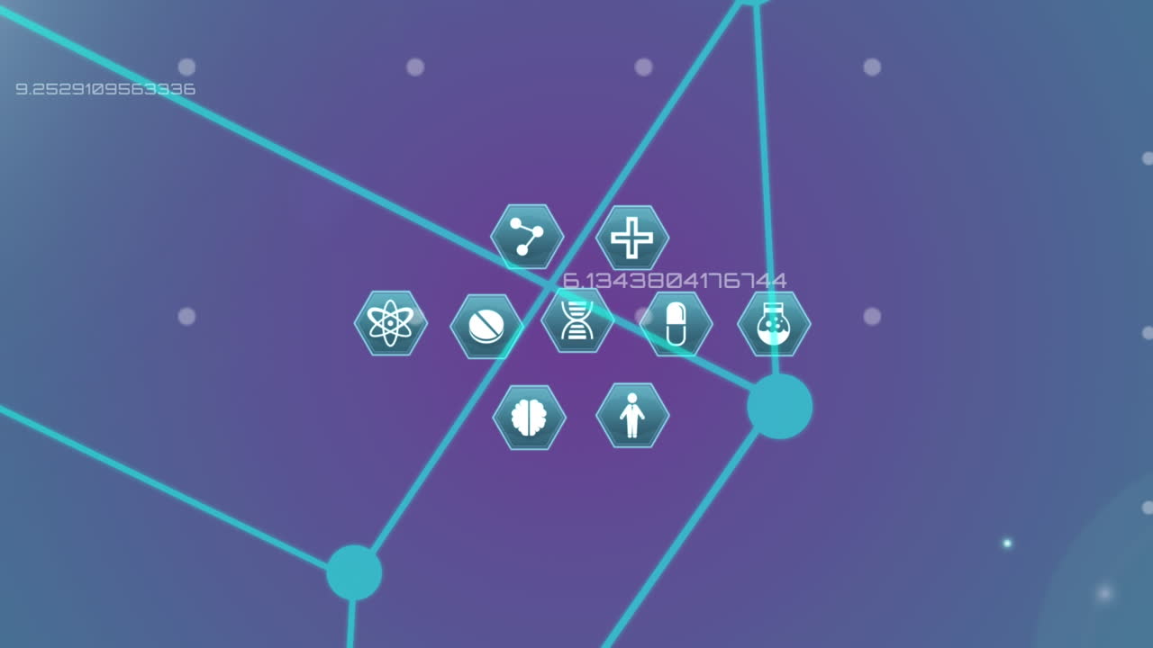 animación de la red de conexiones con iconos médicos sobre la estructura química