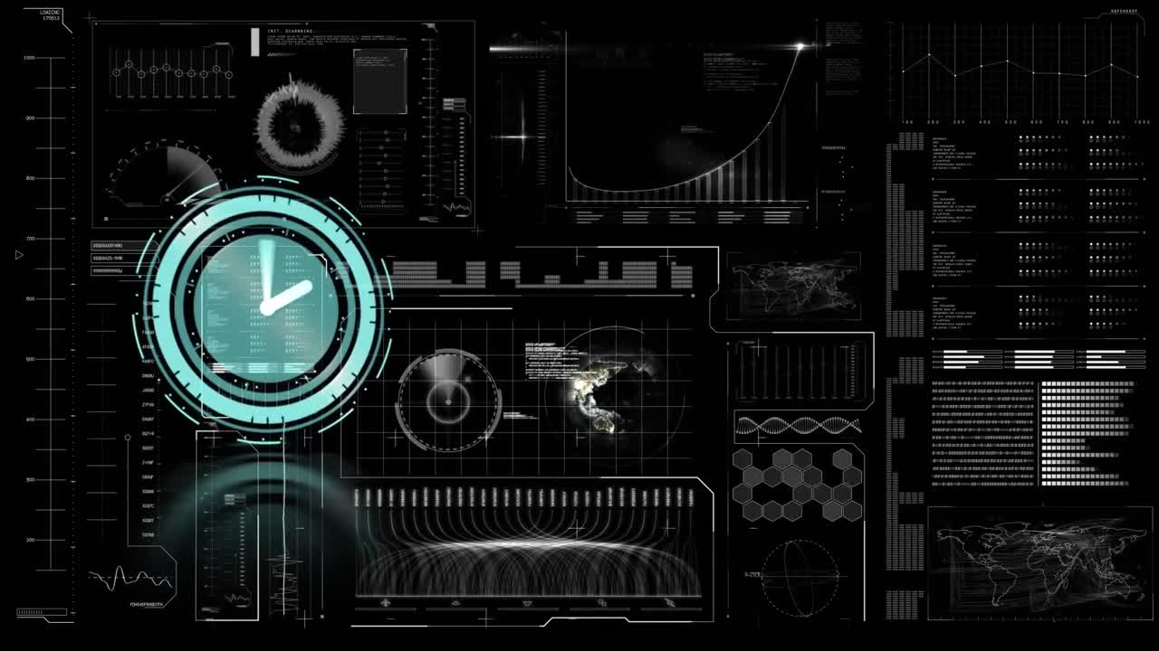 Animation of neon ticking clock over interface with data processing against black background