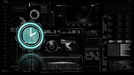 animation of neon ticking clock over interface with data processing against black background