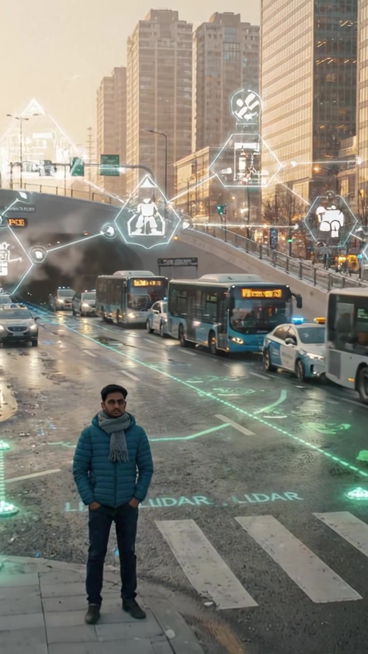 A man stands on a city street as buses and taxis navigate urban traffic amidst futuristic digital overlays depicting smart transportation technologies and connectivity.