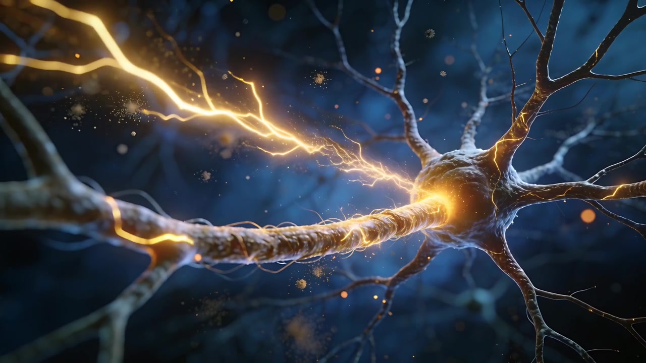 Originating at soma, single neuron sending golden pulse along axon under microscope, sparks