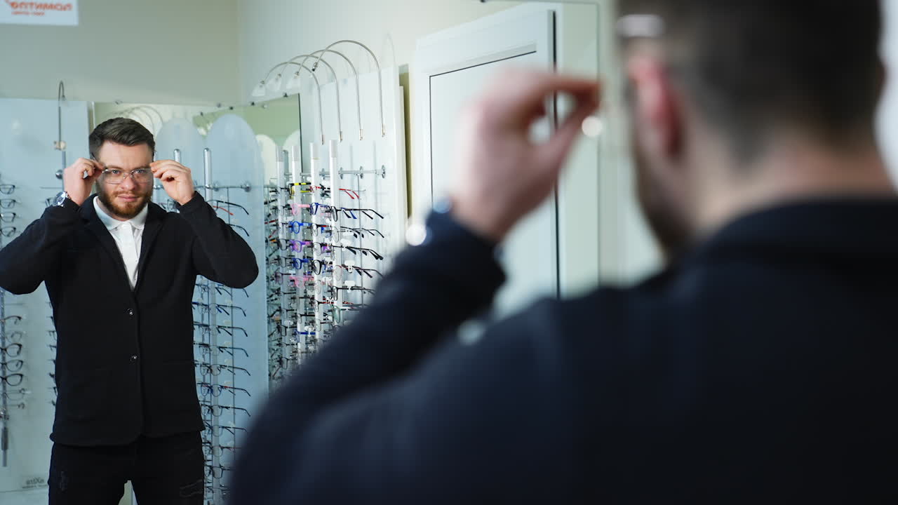 Portrait of fashion model man in modern casual outfit holds sunglasses standing in optics. Stand with sunglasses in the background.