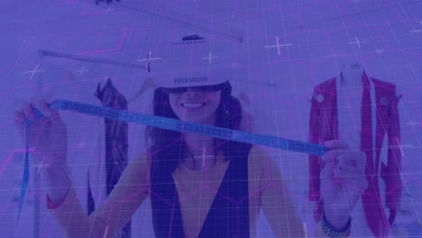 Light-trails-over-grid-network-against-female-fashion-designer-wearing-vr-headset-at-the-studio