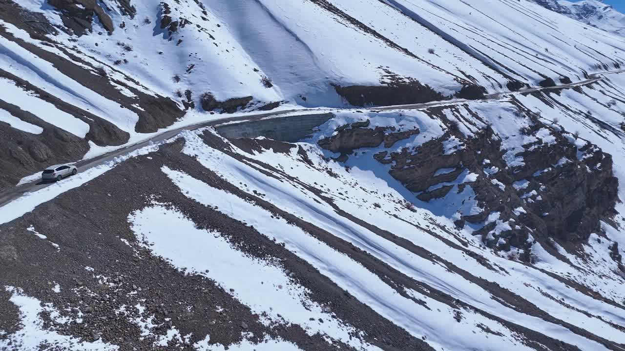 Snowy Mountain Road with Car