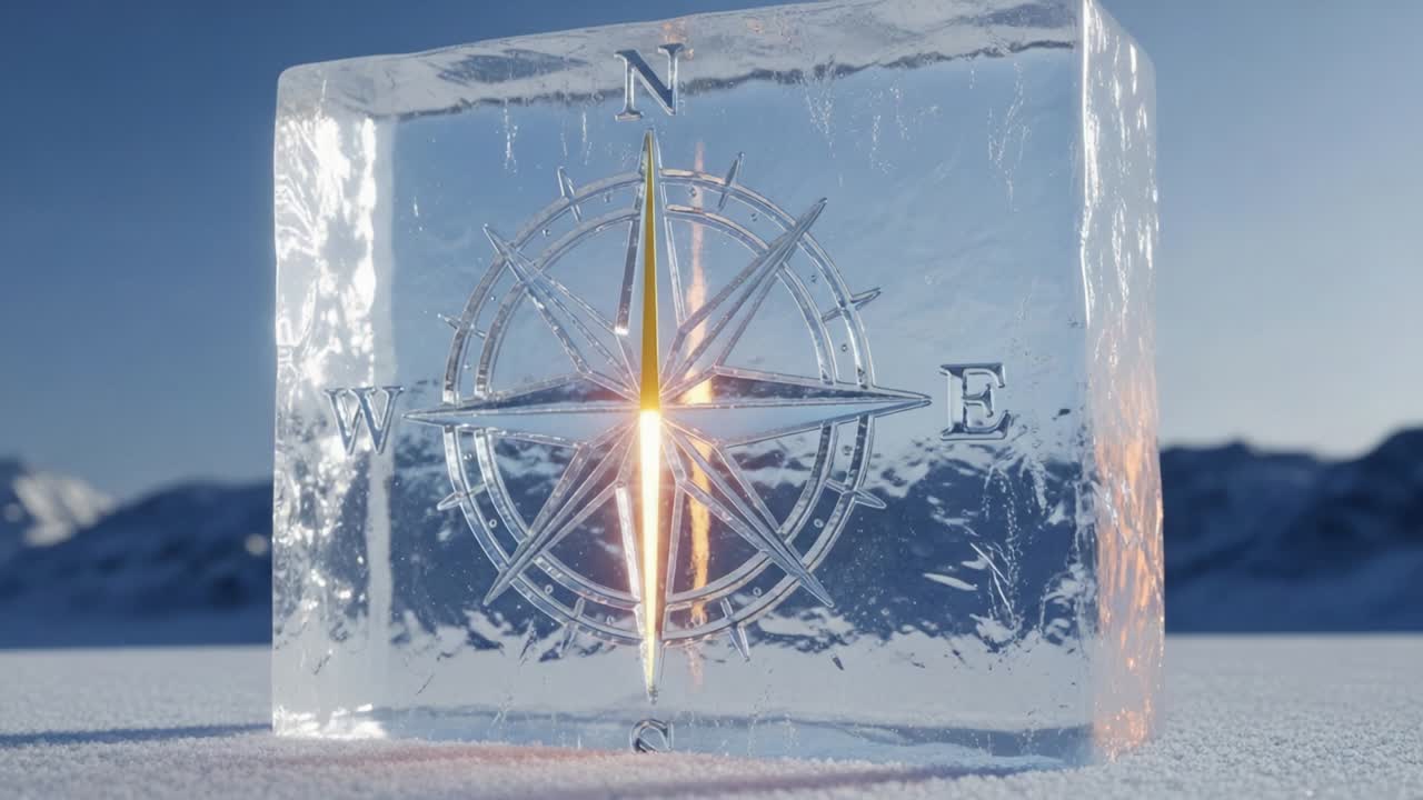 A Stunning Ice Sculpture Featuring a Compass Design Illuminated by Natural Light, Captured in a Serene Arctic Landscape with a Focus on Direction and Clarity