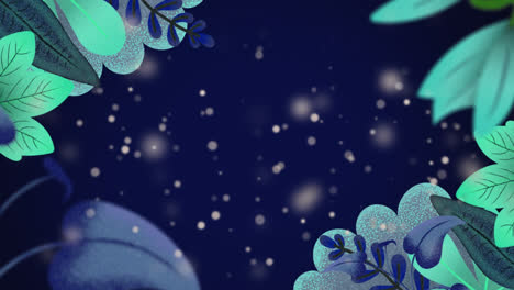 animation of multiple green leaves with flickering particles on night blue sky in the background