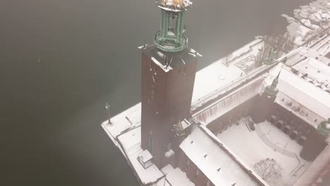 Smooth-rotating-drone-footage-of-beautiful-town-hall-in-Sweden's-capital,Stockholm