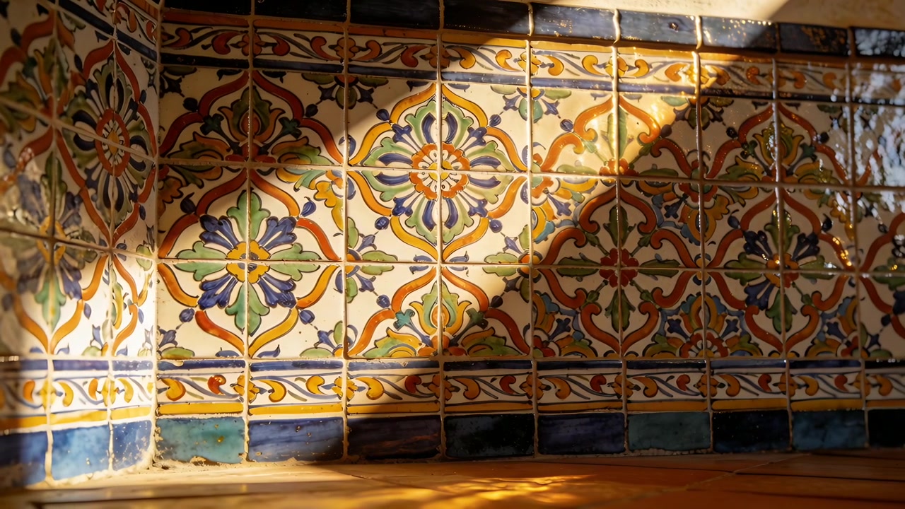 Luce solare che si sposta proiettando un'ombra diagonale su piastrelle floreali smaltate nell'angolo, rivelando bagliori.