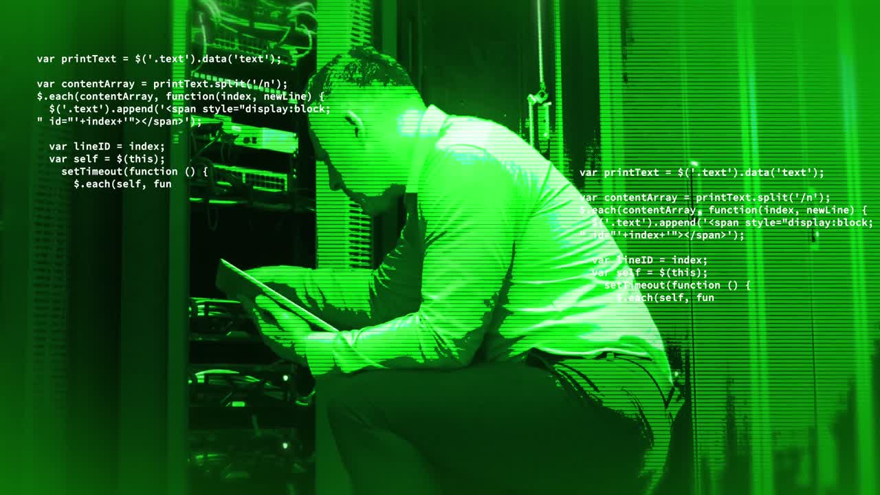 Animation of data processing over caucasian male it technician by computer servers