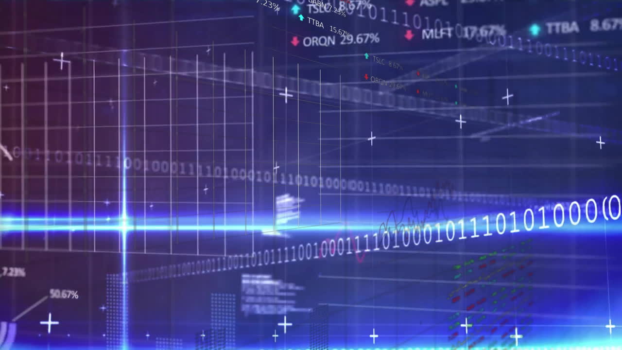 Animation of blue lights, data processing, graphs and charts
