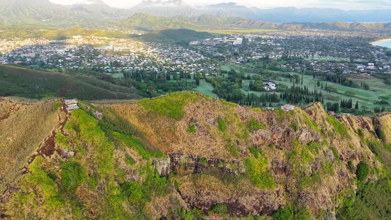Sweeping panorama of the Kaiwa Ridge hiking trail and pillboxes in Oahu Hawaii