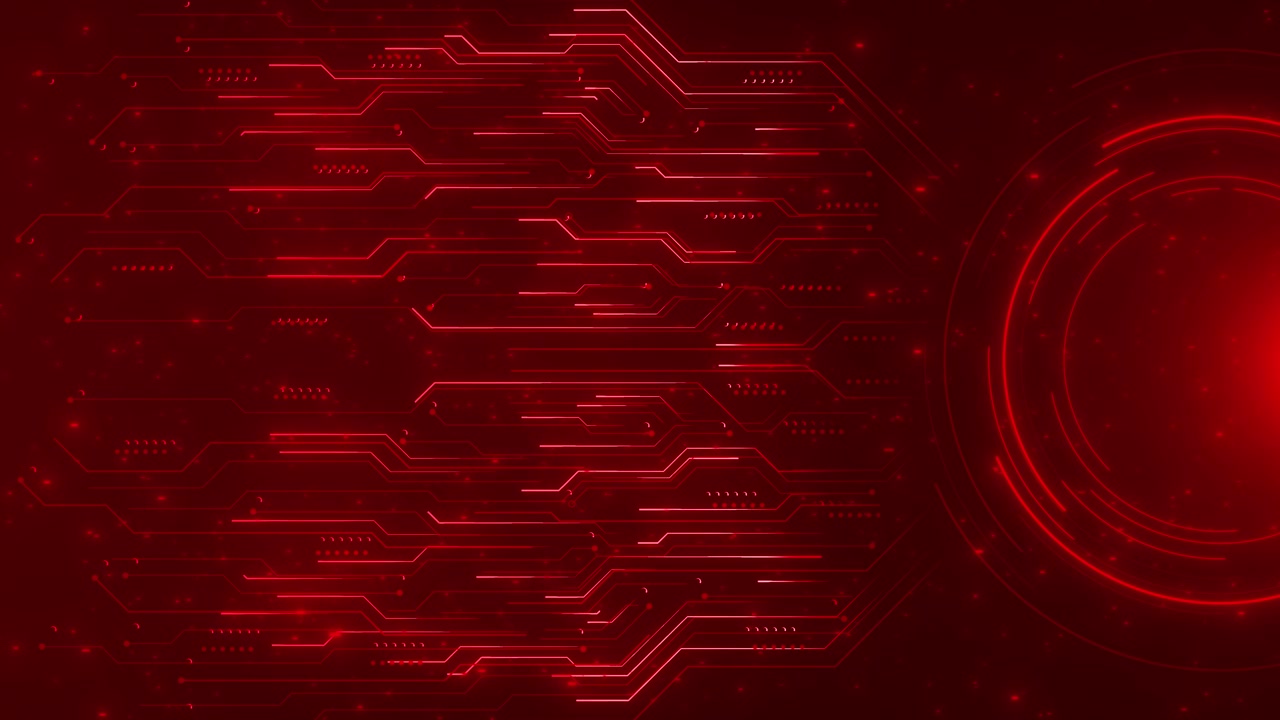 Crimson digital circuit board visual with red neon paths glowing dots and circular interface
