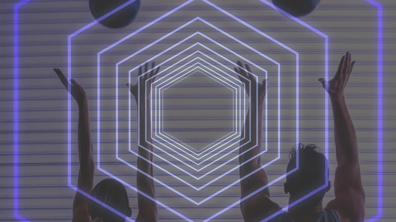 Animation of glowing tunnel over man and woman exercising