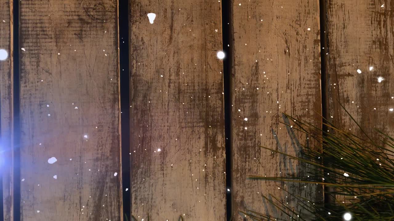 Animation af lysspor og faldende sne over grene til jul.