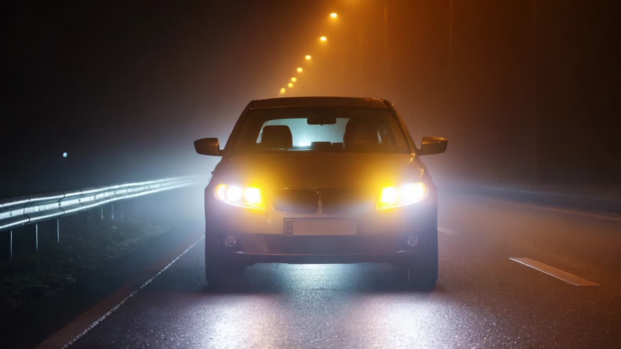 A sleek car illuminated against a dimly lit road in nighttime conditions, showcasing the striking contrast between the vehicle's headlights and the surrounding fog as it drives forward on a clear path ahead