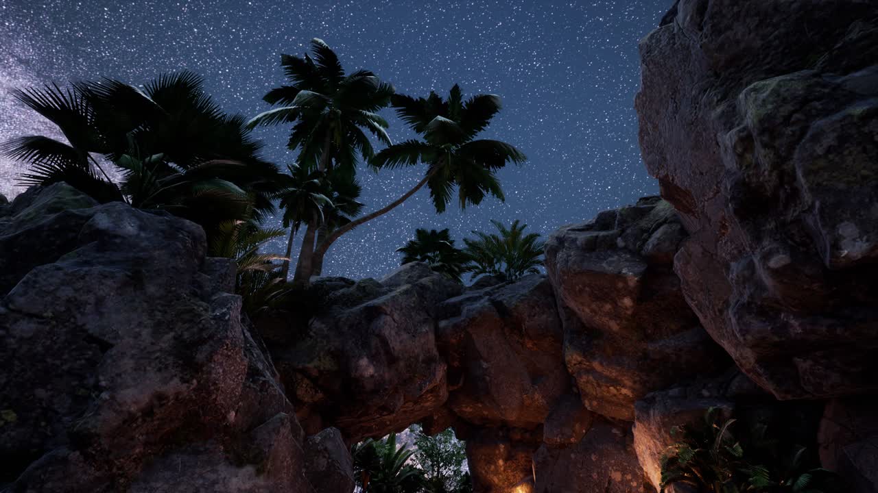 모래석 협곡 벽과 손바닥 위에 4k 하이퍼 ⁇ 스 스타 트레일