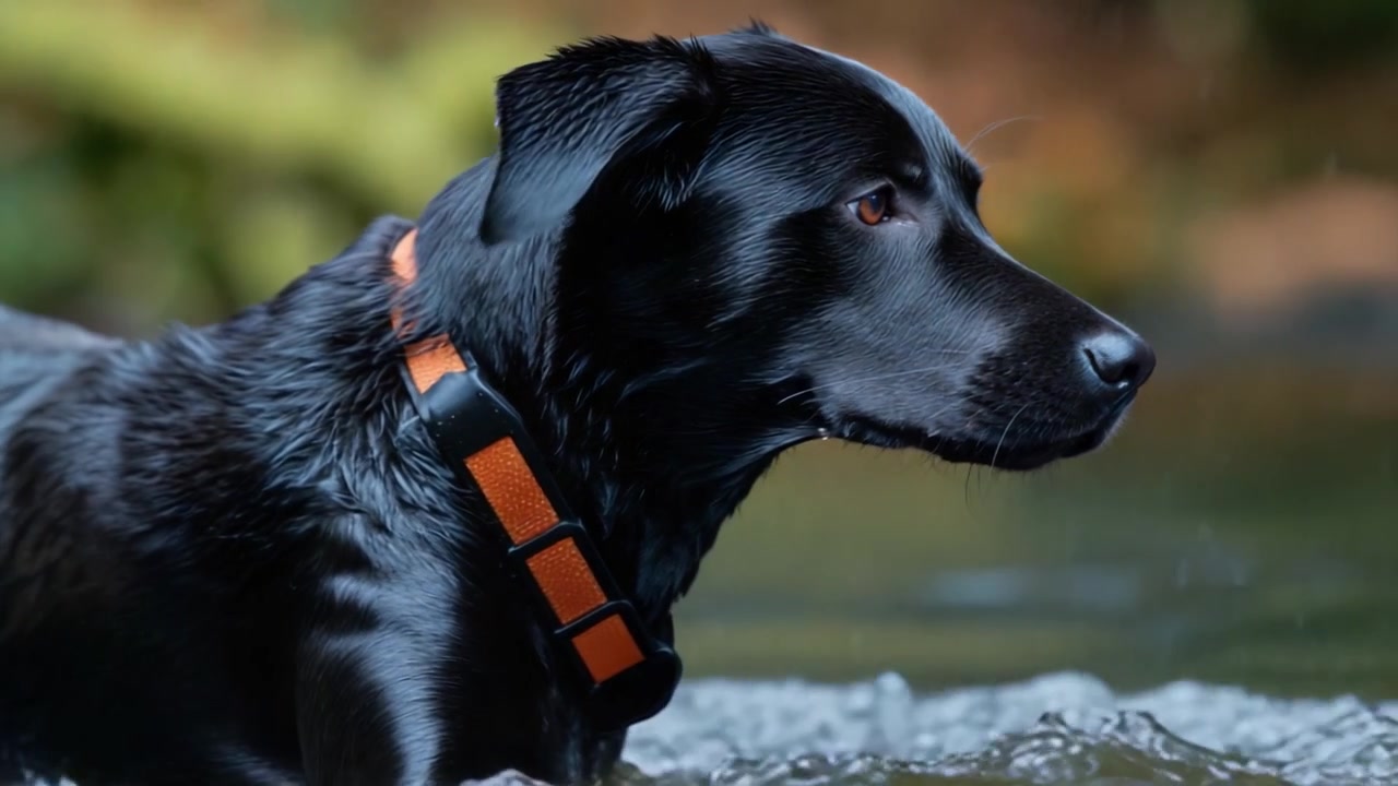 Ein schwarzer Hund genießt ein erfrischendes Bad in klarem Wasser, umgeben von üppigem Grün, das Freude und Abenteuer im Spielplatz der Natur einfängt.