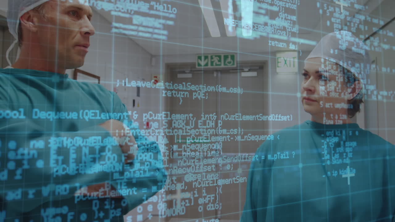 Animation of data processing over caucasian male and female surgeons discussing at hospital
