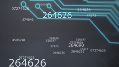 Multiple-numbers-changing-against-microprocessor-connections-on-black-background