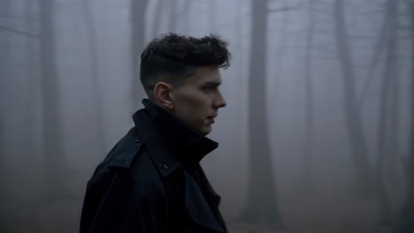 man in a foggy forest