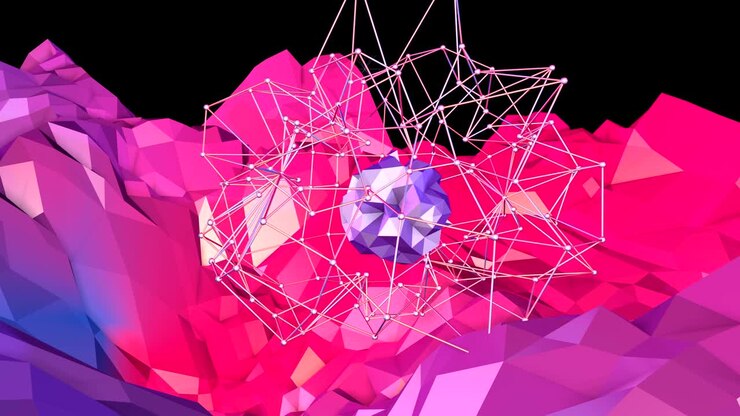 Abstract simple blue red low poly 3D surface as cybernetic field. Soft geometric low poly motion background with pure blue red polygons. 4K Fullhd seamless loop background with gradient blue red