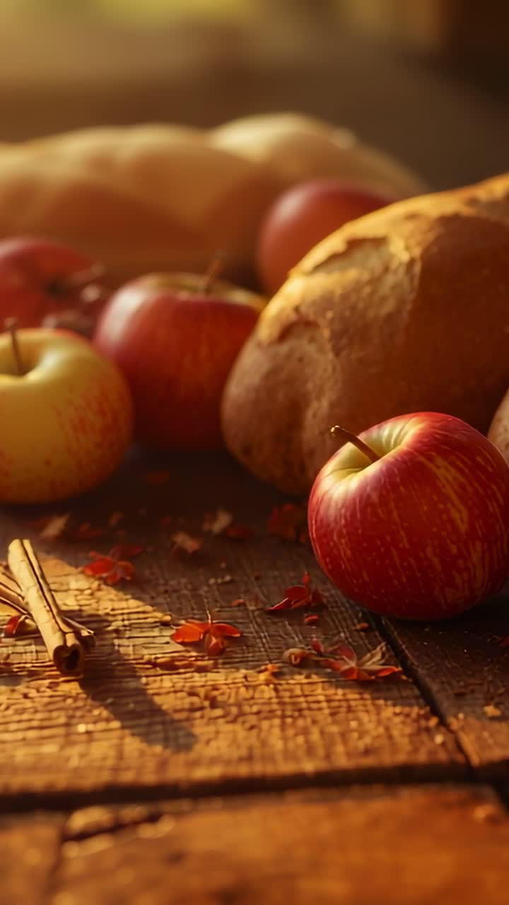Vertical video: Camera panning tabletop revealing red-and-yellow apples, cinnamon sticks and loaves