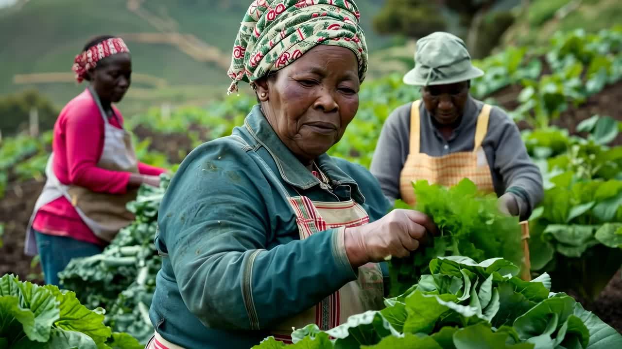 A close-up, eye-level shot of farmers harvesting lettuce in a lush field, capturing the essence