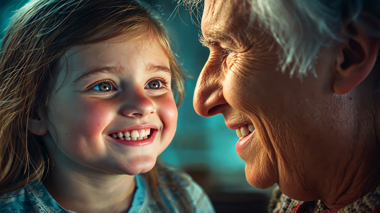 Anziano sorridente e bambino che si sporgono l'uno verso l'altro in casa, contatto visivo che mostra amore, maglione di lana, top stampato