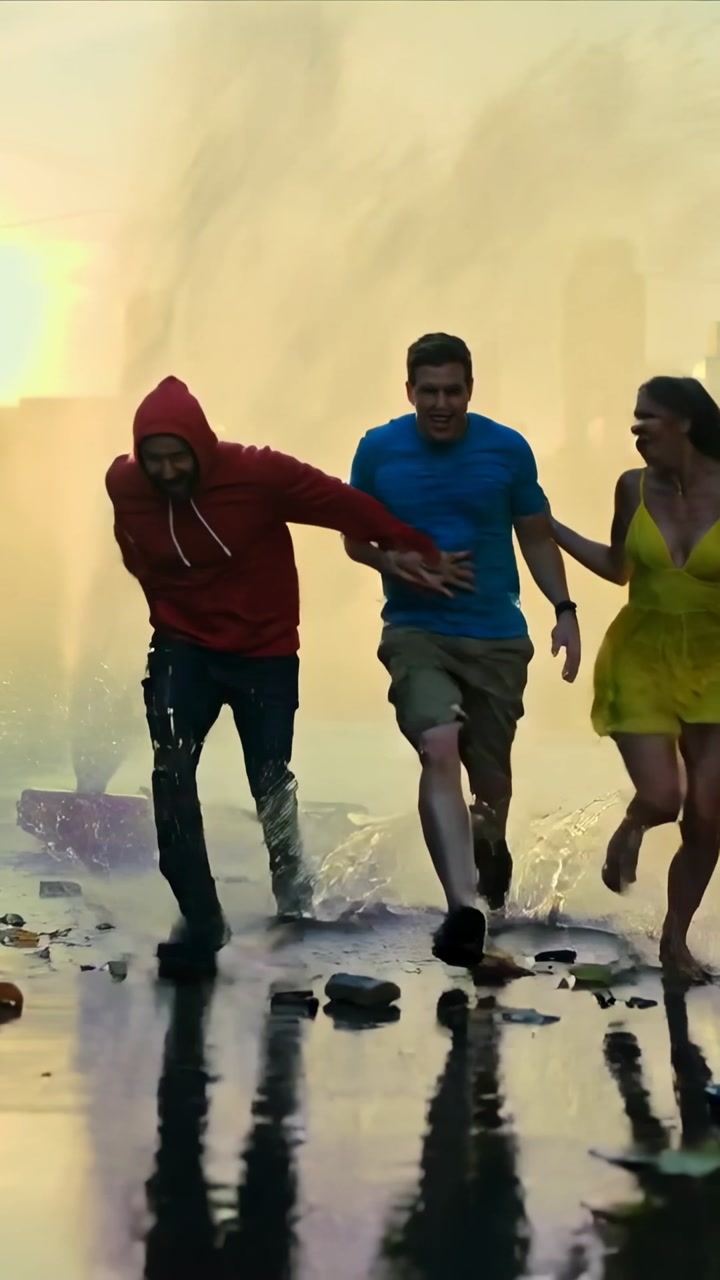 Vertical video: Running friends sprinting through flooded street at dusk by broken hydrant spraying
