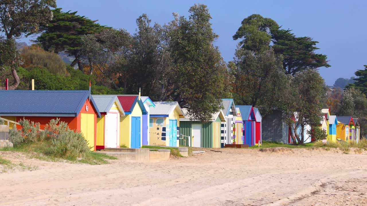 Vibrant beach huts line the sandy shore under clear skies, showcasing a serene coastal environment