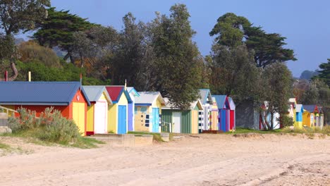 vibrant beach huts line the sandy shore under clear skies, showcasing a serene coastal environment