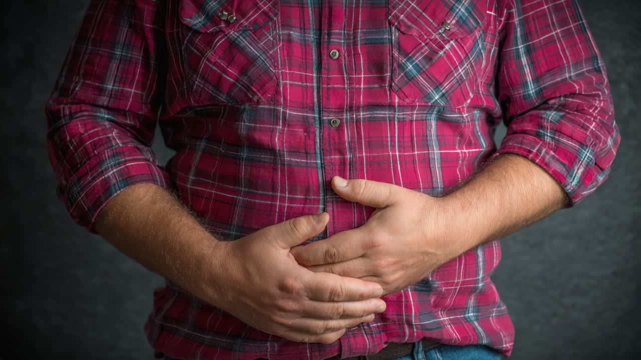 A Person in a Plaid Shirt Holding Their Stomach, Suggesting Discomfort or Pain, Reflects Common Human Experiences in Daily Life