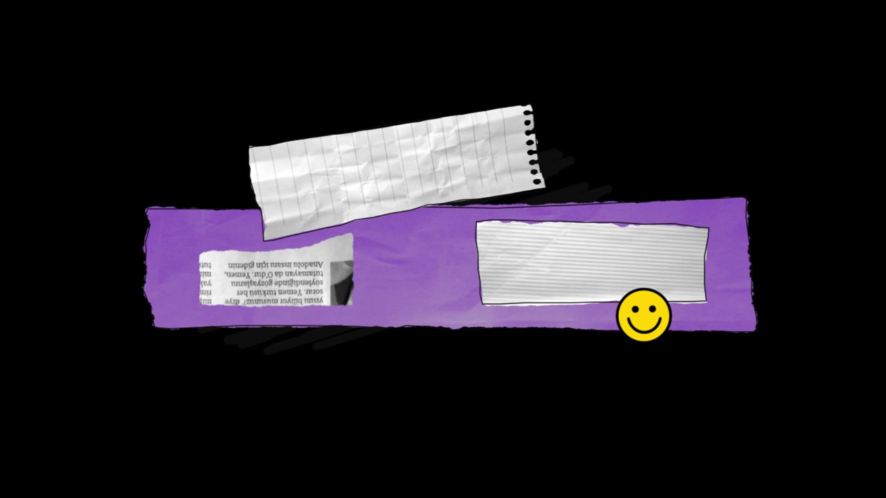 Elementi animati di collage di carta che appaiono e scompaiono su sfondo nero