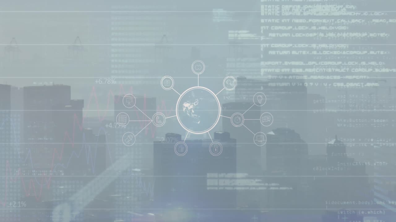 디지털 아이콘 네트워크의 애니메이션과 도시 풍경의 공중 전망에 대한 데이터 처리