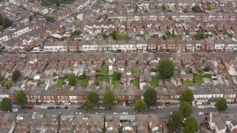 drone shot flying over housing estate roads