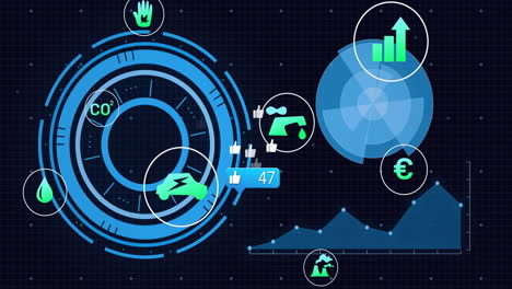 large blue concentric chart rotating on flat dark grid interface, displaying eco and finance icons