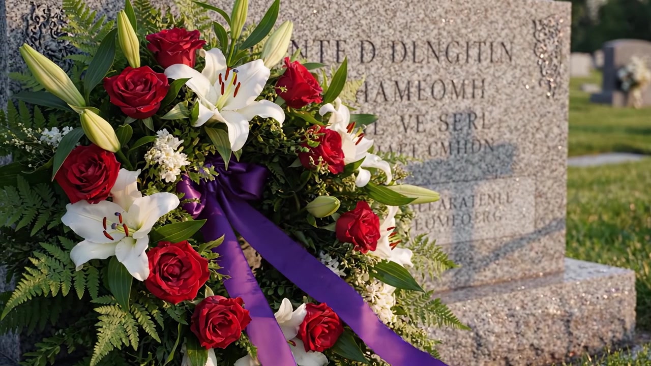 Una ghirlanda floreale splendidamente disposta con rose rosse e gigli bianchi adorna una lapide, simboleggiando il ricordo e l'omaggio a una persona cara in un sereno scenario cimiteriale.