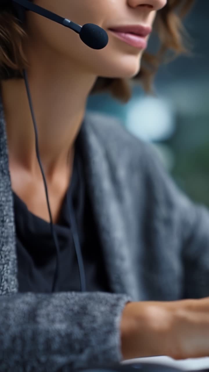 Donna con cuffie, concentrata sulla tastiera. Le dita digitano rapidamente, un anello scintilla delicatamente. Lo sfondo sfocato suggerisce la luce dell'ufficio. Comportamento professionale, calma e attenzione. Ideale per affari, assistenza.