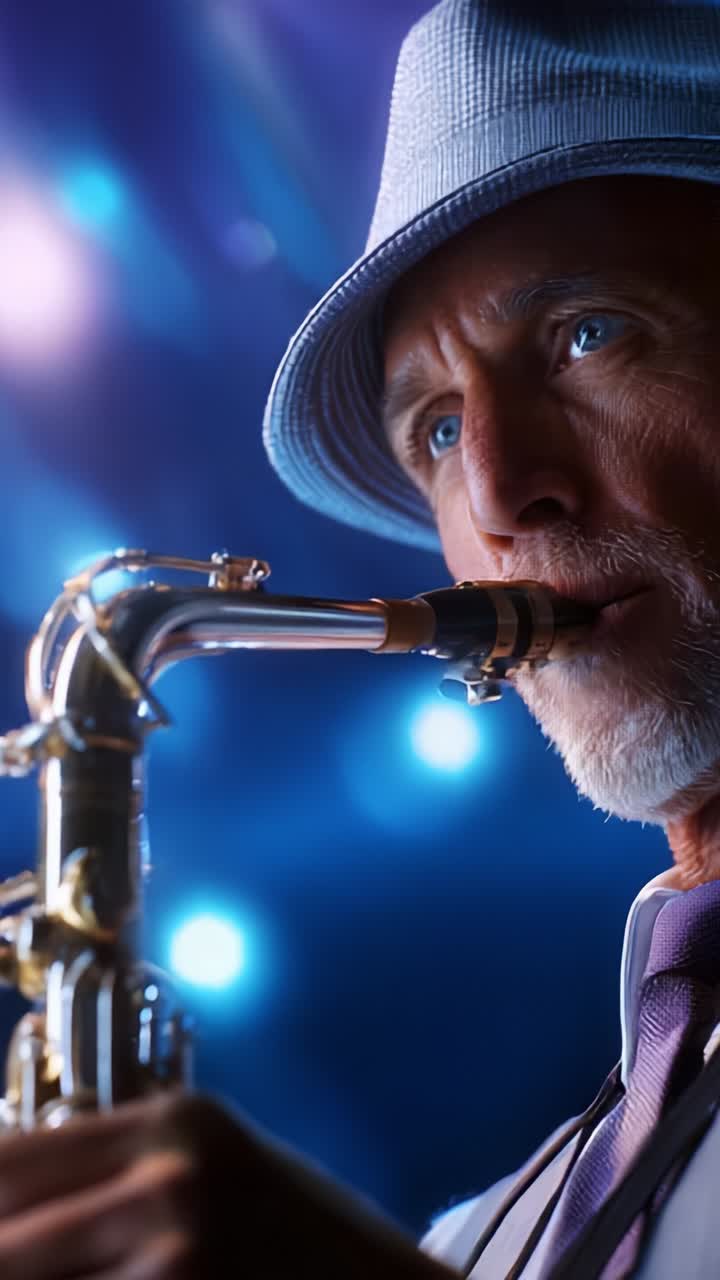 Een ervaren saxofonist boeit het publiek met een gevoelige uitvoering onder levendige podiumverlichting, waarmee hij de essentie van jazz en muzikaal kunstenaarschap belichaamt