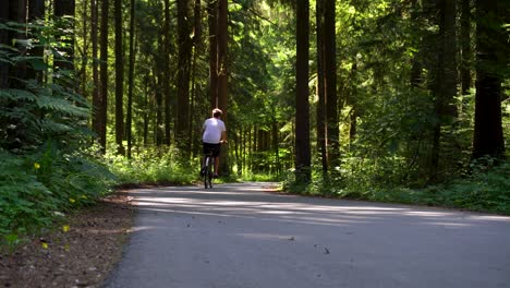 a young man riding a bike in the woods on a sunny day