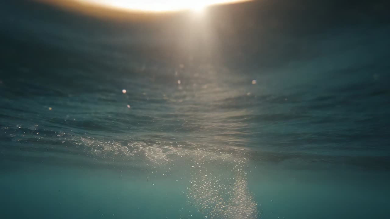 Intensifying sunrise glow pulling rising air bubbles through sea column, with refracted sunlight