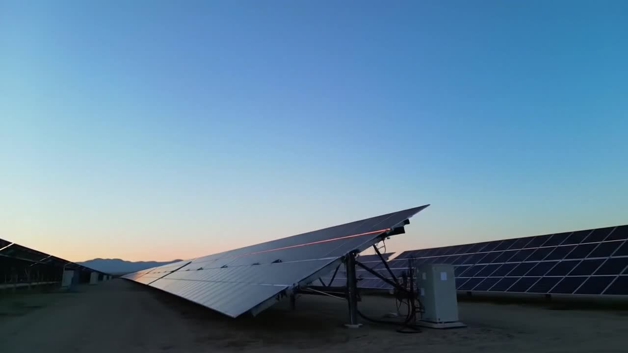 Rows of solar panels capture sunlight in a large field during sunset. The colorful sky highlights renewable energy efforts, promoting sustainability and innovation in energy production.
