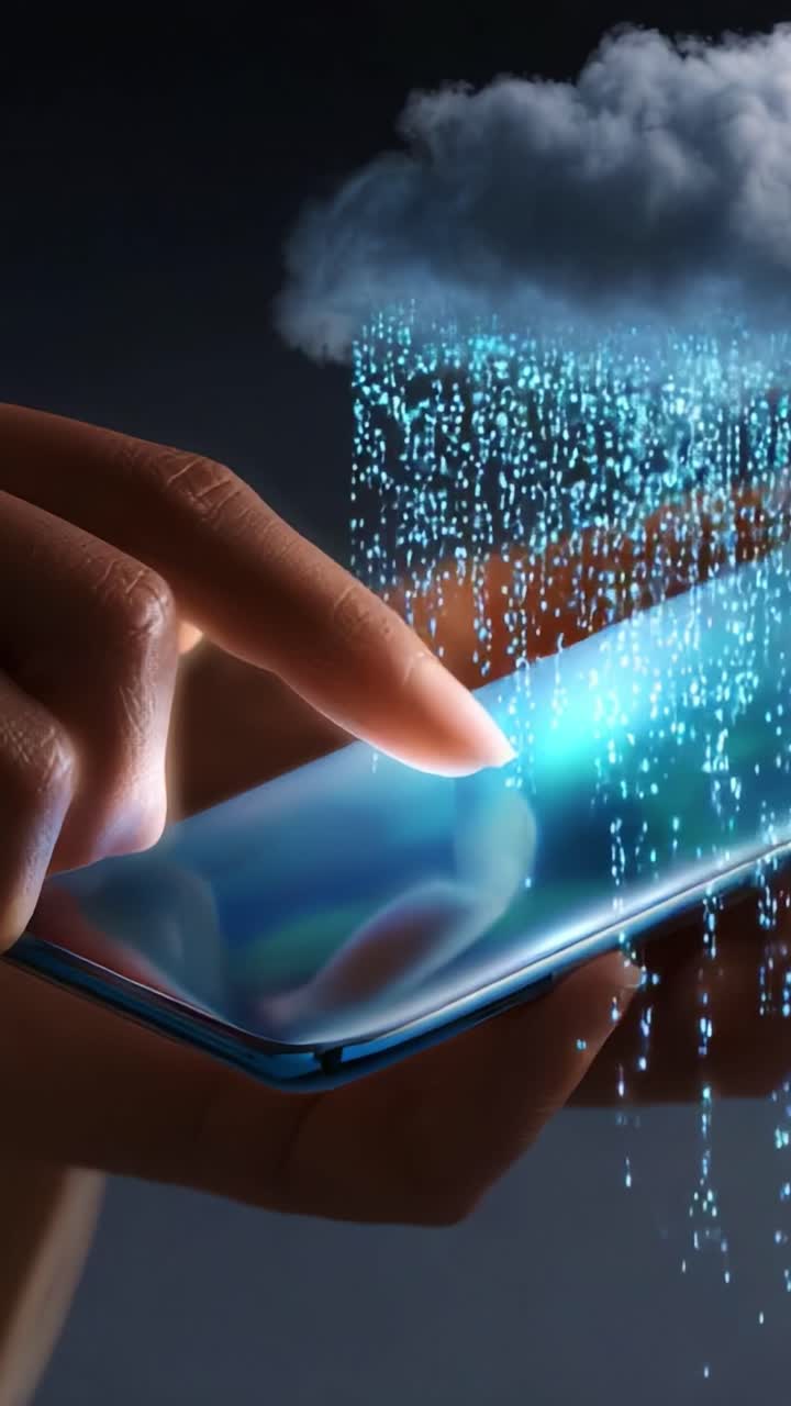 A Magical Interaction Between Technology and Nature: A Hand Touching a Smartphone with Virtual Raindrops Falling from a Cloud, Illustrating the Fusion of Digital and Natural Elements