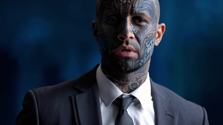 Darkly tattooed man in suit, thoughtful. He touches his face, eyes downcast. Professional, yet edgy, with deep blue backdrop. Ideal for corporate, avant-garde, or edgy concept visuals