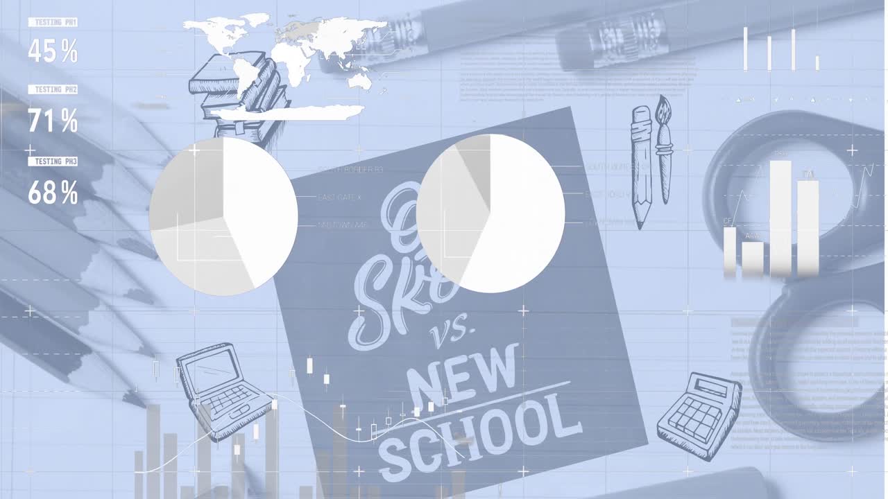 인포그래픽 인터페이스의 애니메이션과 스크린에 있는 oldskool vs newschool 텍스트