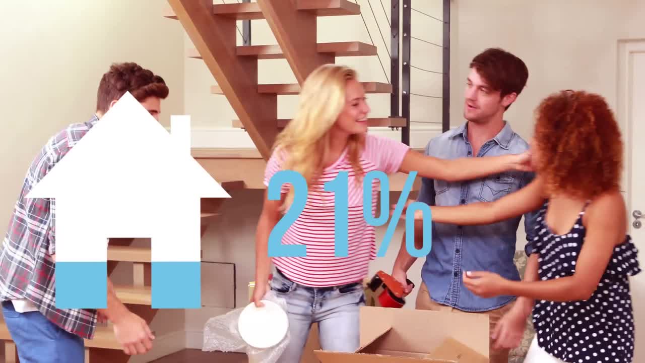 animación del icono de la casa llenando azul y aumentando el porcentaje, más de amigos felices empaquetando cajas