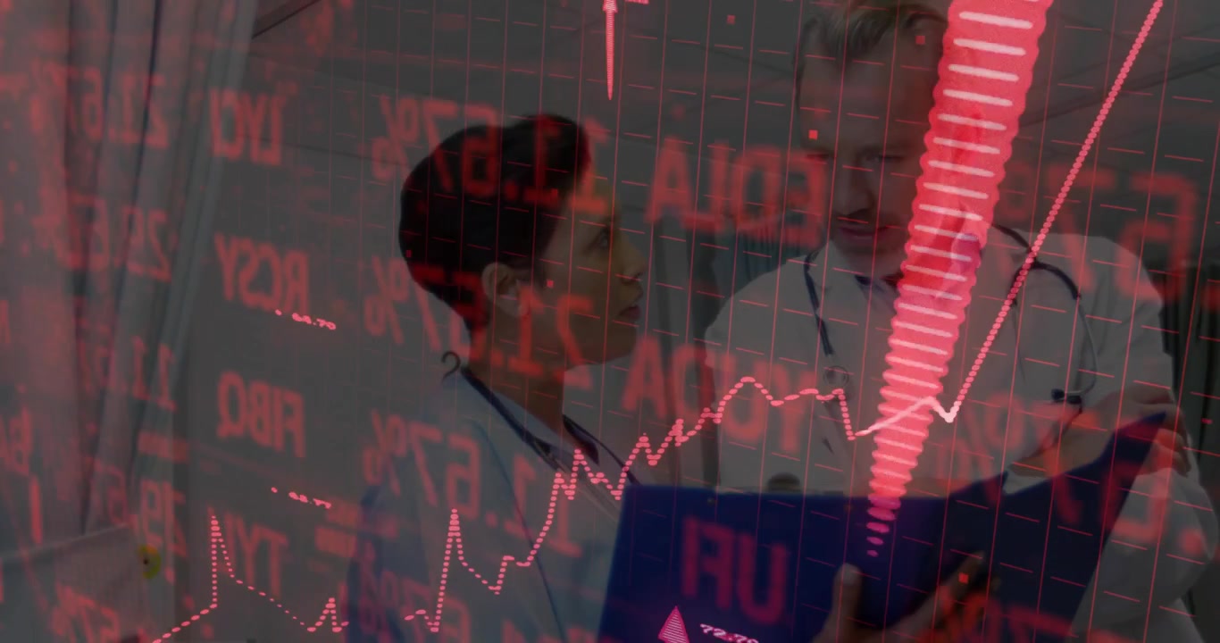 Nurse and physician reviewing report in hospital, discussion initiating red finance chart overlay