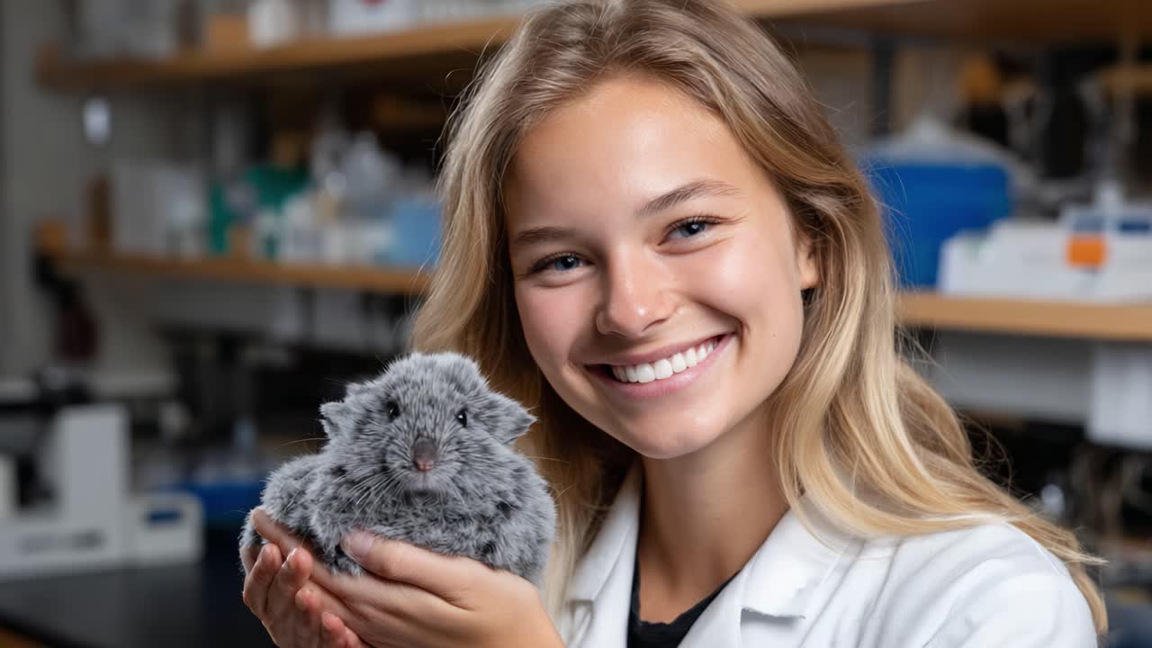 Young Woman in Laboratory Smiling While Holding a Cute, Fluffy Animal in Her Hands, Highlighting a Moment of Joy and Connection with Nature and Science