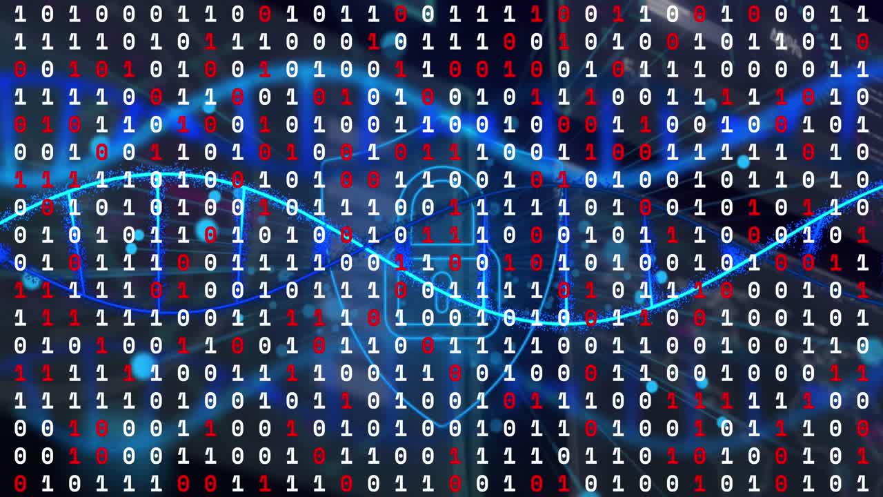 Animation of lock in shield with dna helix and binary codes over abstract pattern